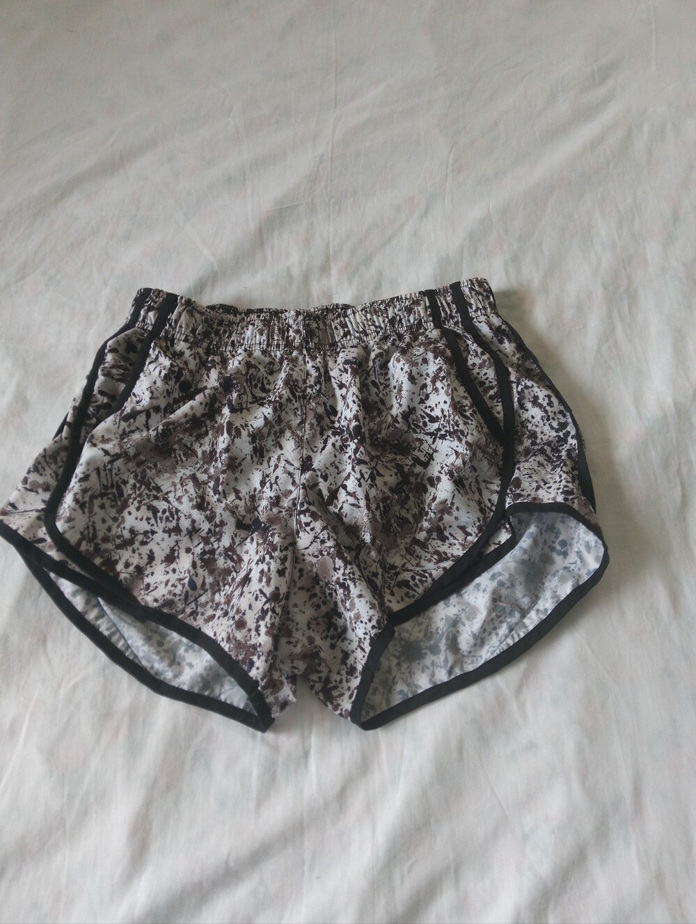 Calvin Klein White Athletic Shorts with Brown Abstract Print and Black Trim